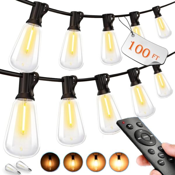 Outdoor String LED Patio Lights - 100Ft 30M Outside Waterproof Light with Remote Dimmable ST38 Shatterproof Bulb Connectable Hanging Outdoor Electric Lighting for Backyard Yard Gazebo Porch Party 1