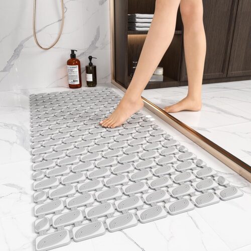 XIYUNTE Shower Mat Bathtub Mat Non Slip, 36''x16'' Soft and Comfortable Anti Slip Shower Mat, Eco-Friendly TPE+PP Shower Non Slip Mat with Powerful Suction Cups, Machine Washable, Easy to Cut, Grey