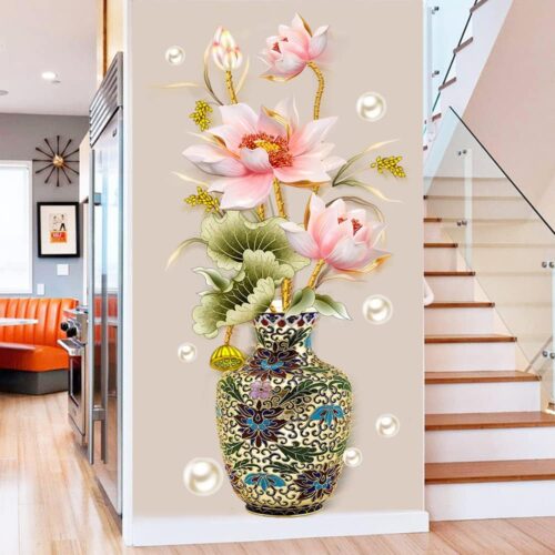 GHS4934MAX_1 Chinese Style Lotus Flower Classical Vase Wall Sticker Pearl Living Room Art Wall Decals Home Entrance Backdrop Decoration