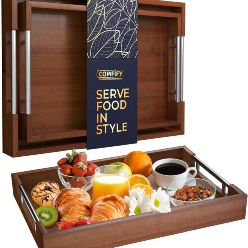 Set of 2 Decorative Serving Trays - Bamboo + Silver Stainless Steel Handles - Coffee Table or Ottoman Tray for Breakfast in Bed Jewelry, Decor Organization - 12"x17" - Stained Brown Finish