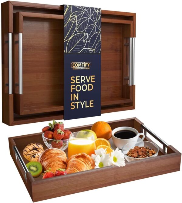 Set of 2 Decorative Serving Trays - Bamboo + Silver Stainless Steel Handles - Coffee Table or Ottoman Tray for Breakfast in Bed Jewelry, Decor Organization - 12"x17" - Stained Brown Finish 1