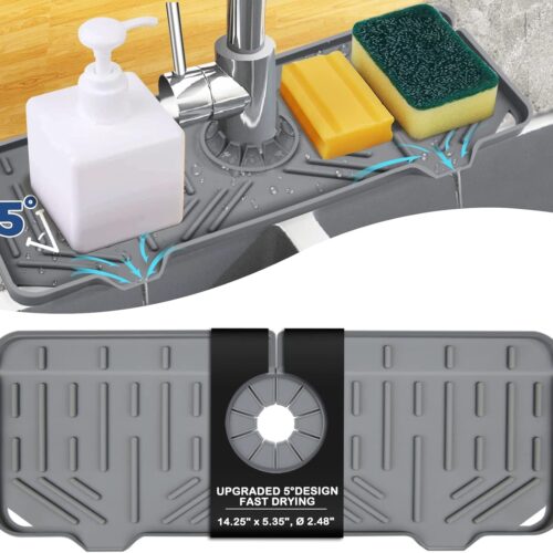 GHS5288MAX_1 Silicone Faucet Handle Drip Catcher Tray Mat, Silicone Faucet Mat Dish Soap Sponge Holder for Kitchen Sink Accessories Gadgets, Drying Mat for Kitchen Counter Bathroom Kitchen Sink Splash Guard -Grey