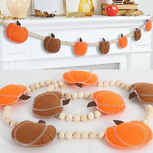 GHS6313MAX_1 DAZONGE Fall Decor, Fall Decorations for Home, Felt Pumpkin Garland and Wood Bead for Thanksgving Decorations Indoor, Pumpkin Banner for Mantle Wall Decor