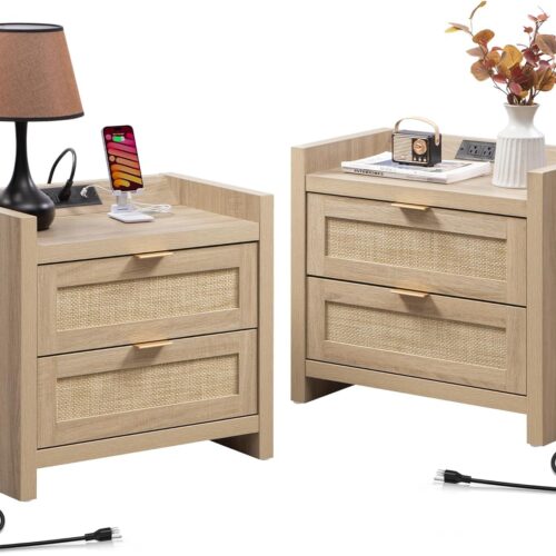 GHS6378MAX_1 SICOTAS Rattan Nightstands Set of 2 Bedside Table - Bedroom Night Stand with Type-C Charging Station, 2 Drawers Storage - Boho Night Stands End Table for Bedroom Office - Light Oak