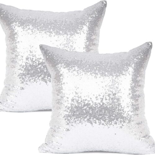 YOUR SMILE Pack of 2, New Luxury Series Silver Decorative Glitzy Sequin & Comfy Satin Solid Throw Pillow Cover Cushion Case for Wedding/Christmas,18" x 18"