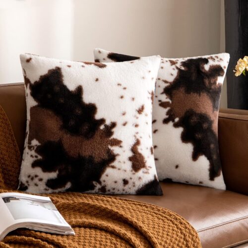 GHS6527MAX_1 Woaboy Pack of 2 Luxury Faux Fur Throw Pillow Covers Cowhide Decorative Soft Fluffy Plush Couch Throws Brindle Cushion Covers for Couch Living Room Sofa Bedroom 18x18 Inch
