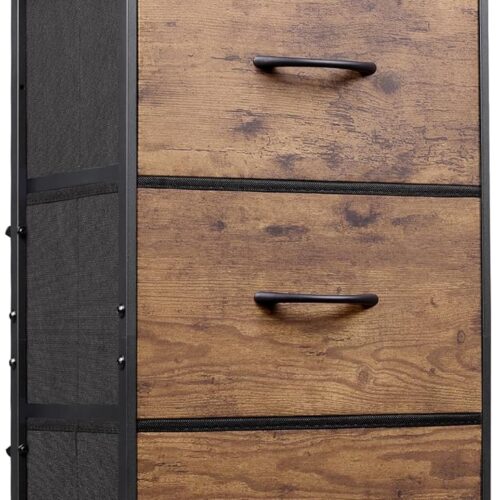 WLIVE Dresser with 3 Drawers, Fabric Nightstand, Organizer Storage Dresser for Bedroom, Hallway, Entryway, Closets, Sturdy Steel Frame, Wood Top, Easy Pull Handle, Rustic Brown Wood Grain Print