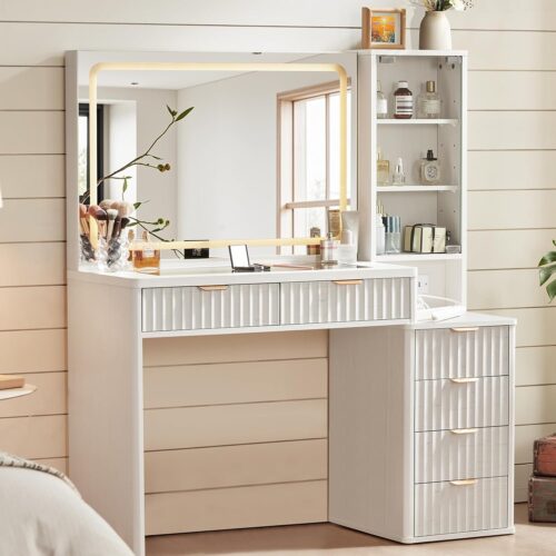 GHS6788MAX_1 LEYAOYAO White Vanity Desk with Mirror and Lights, 43.5'' Fluted Makeup Vanity with 6 Drawers, Make Up Vanity with Wood Grain, Dressing Table with Glass Top and Power Outlet for Bedroom-Non Pure White