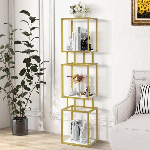 GHS6872MAX_1 4-Tier Gold Bookcase, Cube Shelving Unit, 12" x 12" x 50", Modern Display Shelf with Wooden Shelves, Slim Shelf for Small Spaces, White and Gold Bookcase for Living Room,Office & Bedroom