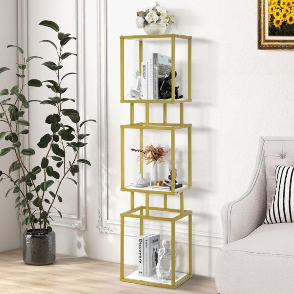 4-Tier Gold Bookcase, Cube Shelving Unit, 12" x 12" x 50", Modern Display Shelf with Wooden Shelves, Slim Shelf for Small Spaces, White and Gold Bookcase for Living Room,Office & Bedroom 1