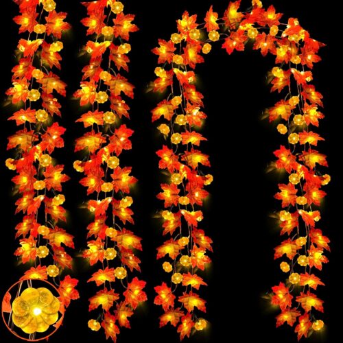 GHS7286MAX_1 3 Pack & Timer - Fall Garland with Pumpkin Lights Halloween Fall Decorations for Home, 30Ft 60LED Halloween Lights Patented Enlarged Maples Leafed Battery Operated Thanksgiving Decor Indoor Outdoor