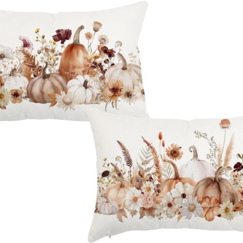 GHS7300MAX_1 Fall Pumpkins Flowers Throw Pillow Covers 12x20 Inch Set of 2 Autumn Thanksgiving Harvest Decorations Floral Lumbar Cushion Cases for Home Porch Sofa Couch