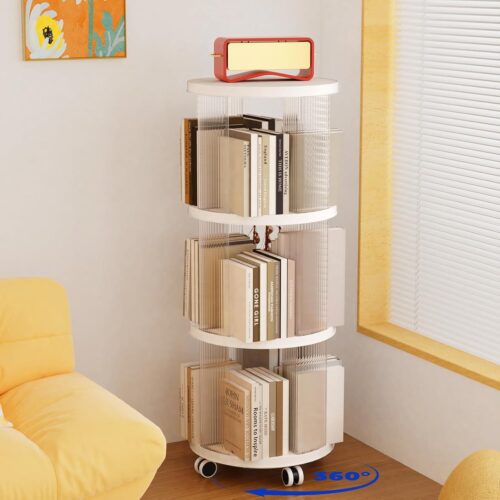 GHS7411MAX_1 Rotating Bookshelf, 360°Display Spinning Rolling Bookshelf Tower, 3 Tiers Moveable White Small Mobile Corner Bookcase Suitable for Bedrooms, Living Looms, Offices, and Study Rooms