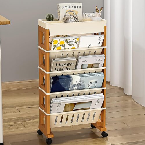 5 Tier Rolling Book Cart Storage Bookshelf Mobile Bookshelf Book Rack Bookshelves CreamYellow