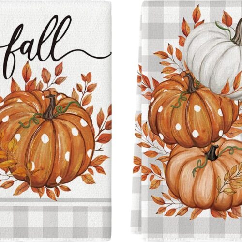 GHS7827MAX_1 Artoid Mode Orange Buffalo Plaid Leaves Pumpkin Fall Kitchen Towels Dish Towels, 18x26 Inch Farmhouse Decoration Hand Towels Set of 2