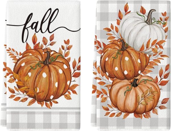 Artoid Mode Orange Buffalo Plaid Leaves Pumpkin Fall Kitchen Towels Dish Towels, 18x26 Inch Farmhouse Decoration Hand Towels Set of 2 1