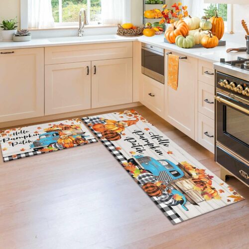 GHS7844MAX_1 Fall Kitchen Rugs Fall Decor, 2 Pcs Non-Slip Backing Pumpkin Kitchen Mats, Thanksgiving Decorations for Home, Autumn Kitchen Rug Sets with Runner 17"x47.2"+17"x30"