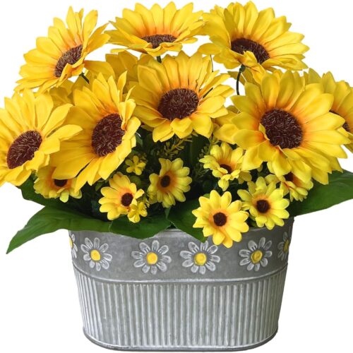 Artificial Flowers Fake Sunflowers in Pot, Faux Silk Flowers Floral Table Centerpiece Decoration, Rustic Potted Greenery for Farmhouse Home Décor