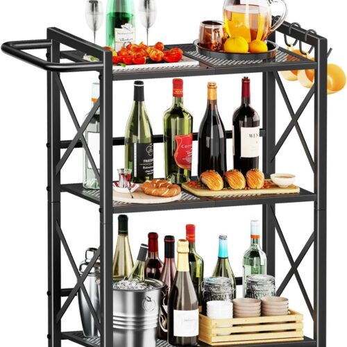 Simple Trending Rolling Cart, 3 Tier Bar Cart with Wheels, Heavy Duty Metal Storage Dining Cart for Kitchen, Black