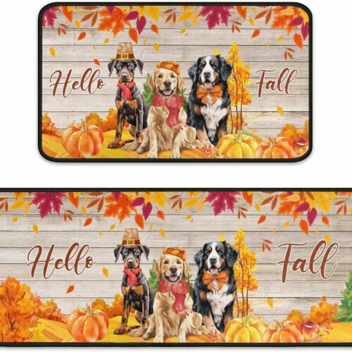 GHS7972MAX_1 Hello Fall Dog Kitchen Rugs, Fall Decorations for Home Non-Slip Backing Autumn Pumpkin Floor Mat Set of 2, Fall Decor Thanksgiving Decor Holiday Rug 17"x47.2"+17"x30"
