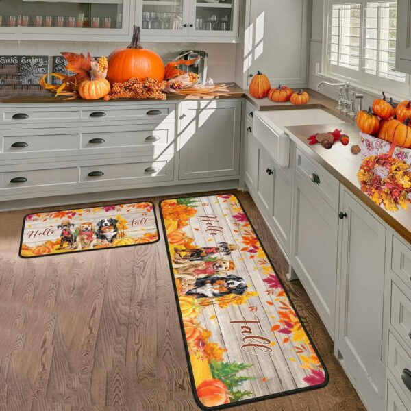 Hello Fall Dog Kitchen Rugs, Fall Decorations for Home Non-Slip Backing Autumn Pumpkin Floor Mat Set of 2, Fall Decor Thanksgiving Decor Holiday Rug 17"x47.2"+17"x30" 3
