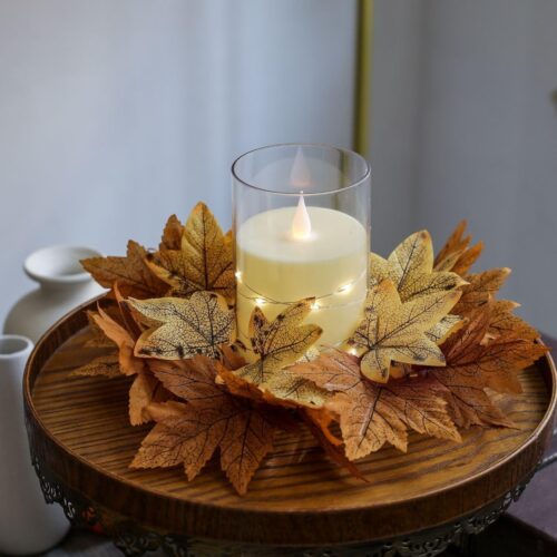 2 Pieces Maple Leaves Candle Rings Wreaths Fall Candle Rings Thanksgiving Day Ring Holder Mini Autumn Artificial for Wedding,Door Tabletop Decoration (Orange)