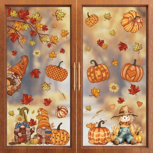 ZAWE 9 Sheets Fall Window Clings Gnomes Scarecrow Pumpkins Maple Leaves Double-Sided Window Decals Stickers for Autumn Thanksgiving Party Home Classroom Office Decorations
