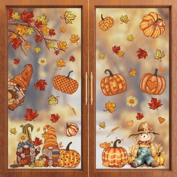 ZAWE 9 Sheets Fall Window Clings Gnomes Scarecrow Pumpkins Maple Leaves Double-Sided Window Decals Stickers for Autumn Thanksgiving Party Home Classroom Office Decorations 1