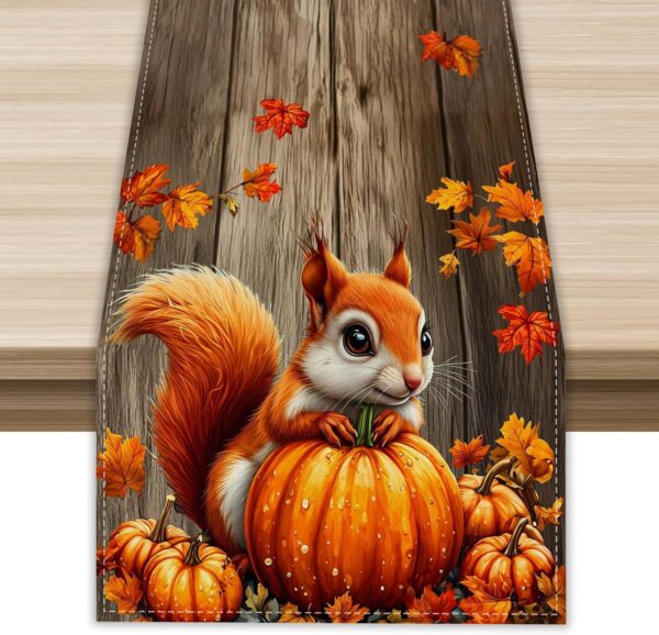 Pumpkin Squirrel Fall Table Runner 72 Inch Seasonal Autumn Thanksgiving Kitchen Dining Room Table Decorations for Home Party Decor 1