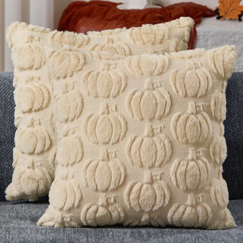 GHS8028MAX_1 DFXSZ Fall Pillow Covers 18x18 Set of 2 Fall Decorations Autumn Beige Big Pumpkin Throw Pillow Cases Soft Plush Faux Fur Wool Couch Cushion Case for Chair Sofa Living Room Home Decor PTK047A18