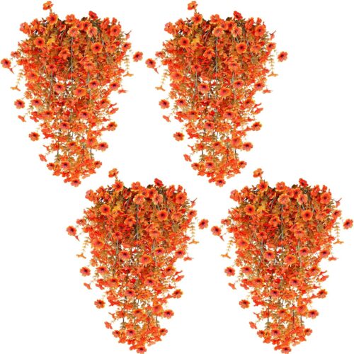 GHS8037MAX_1 TURNMEON 4 Pcs Artificial Hanging Fall Flowers Fall Decorations, Fake Mums for Outdoors UV Resistant Hanging Plants Faux Silk Daisy Flowers for Autumn Decor Home Indoor Outside Gardens Porch (Orange)