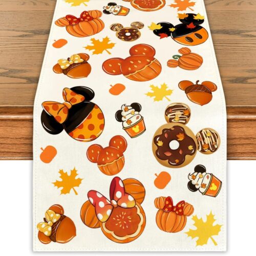 Fall Table Runner Autumn Table Cover Thanksgiving Cartoon Mouse Maple Decor Fall Decorations for Home Party