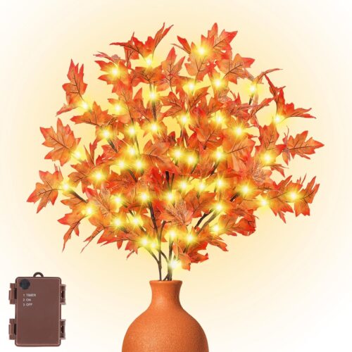 GHS8205MAX_1 30 Inch Lighted Maple Branches for Vase, 3Pcs Prelit Fall Branches With 60 LED Lights, 120 Leaves, Battery Operated With Timer Stems for Autumn Thanksgiving Indoor Tabletop Decorations