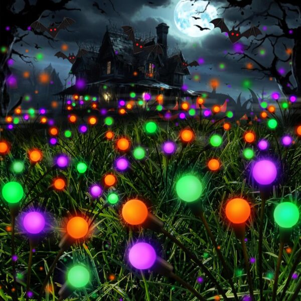 6 Pack Halloween Decorations Outdoor Solar Pathway Lights, Solar Firefly Lights Orange Purple and Green, Sway by Wind, Waterproof Solar Halloween Lights for Patio Garden Yard Lawn Horror Party Decor 1