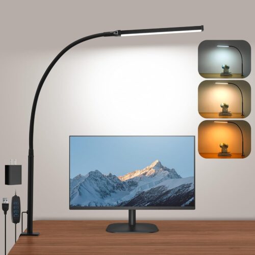 Led Desk Lamp for Home Office, Eye-Caring Desk Light with Clamp, Clip on Light for Reading, 3 Modes 10 Brightness, Flexible Gooseneck, Memory Function, Study, Work, Draw, Black