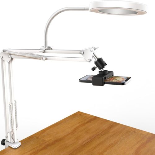 White Overhead Camera Mount with Ring Light, Desk Flexible Articulating Phone Arm Stand Compatible with iPhone, Content Creator Essentials for YouTube Live Stream Cooking Nail Video Recording