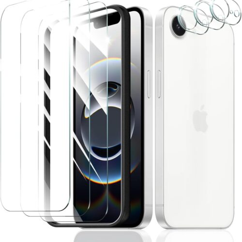 3+3+1-Pack, Screen Protector and Camera Lens Protector for iPhone 16e with Installation Alignment Aid, Tempered Glass Film, Impact-Protection, HD, Anti-Scratch, 9H Hardness