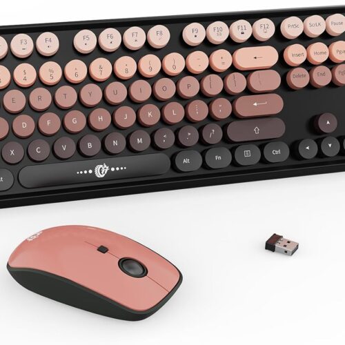 Wireless Keyboard and Mouse Combo - 2.4G Full-Sized Cute Colorful Mouse and Keyboard with 104 Round Keys Retro Typewriter Keyboard for Laptop/Windows/PC - Pink Gradient