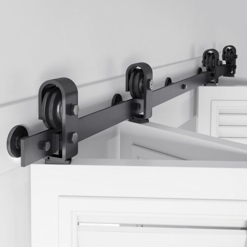 64 inch Bifold Barn Door Hardware Track Kit for Four 15 inch Closet Doors,Top Mount Sliding System,Heavy Duty Roller,Smoothly and Quietly,Black(Bifold Door Not Included)
