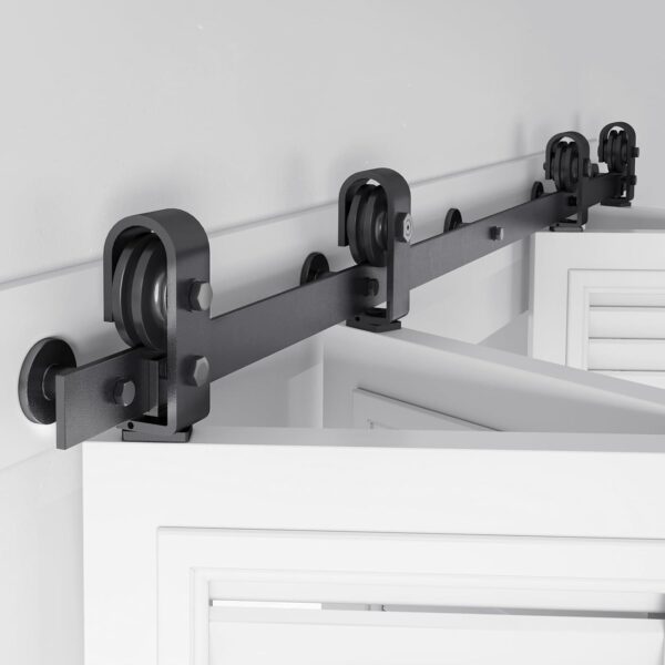 64 inch Bifold Barn Door Hardware Track Kit for Four 15 inch Closet Doors,Top Mount Sliding System,Heavy Duty Roller,Smoothly and Quietly,Black(Bifold Door Not Included) 1