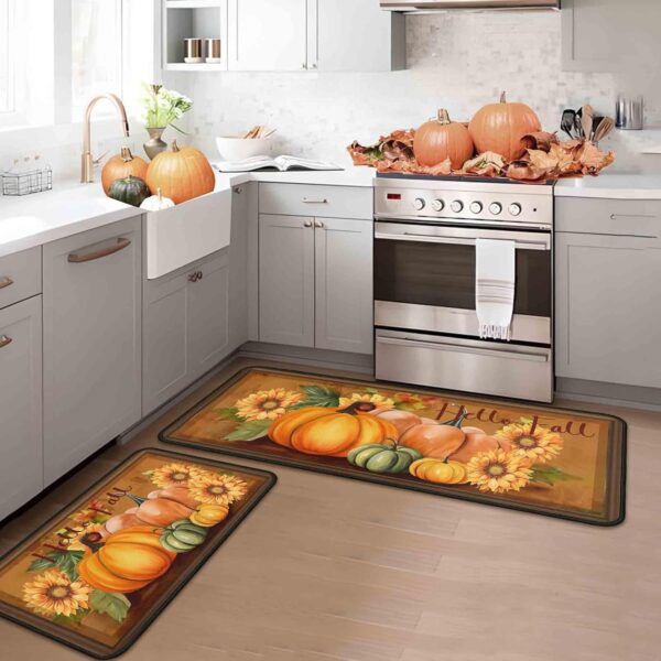Hello Fall Pumpkin Decorative Kitchen Rugs Set of 2,Thanksgiving Autumn Pumpkin Front Door Mat Floor Rug for Fall Home Holiday Party Decor 17"x47"+17"x30 1