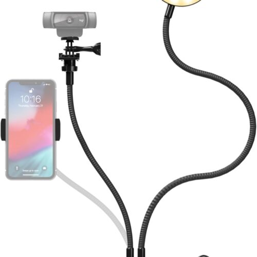 Clip On Selfie Ring Light Stand with Flexible Arm and Interchangeable Cell Phone Holder and Webcam/Camera Mount - Clamp to Laptop/Desktop/Desk for Streaming, Video Recording, Conferencing