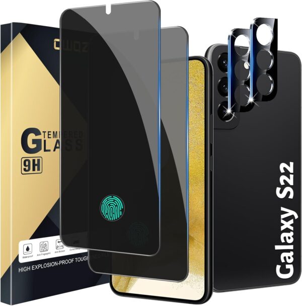 [2+2 Pack Privacy Screen Protector Compatible with Galaxy S22 5G, 2 Tempered Glass with 2 Camera Lens Protectors - HD Clear - Bubble-Free - Anti-Spy... 1