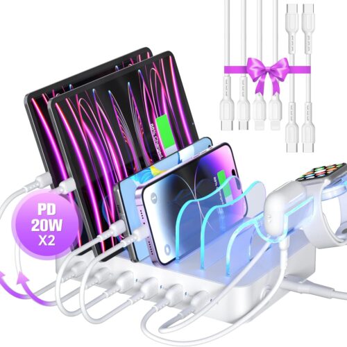 6-Port USB C Charging Station for Multiple Devices,2 PD 20W Fast Charging for lPhone 15 and More,6 Charging Cables and 2in1 Holder for IWatch Charger & Air Pods Included