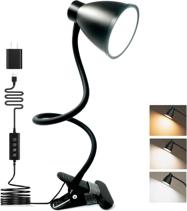 Desk Lamp 5 Color Modes 10 Brightness Dimmer Reading Light 10W 38 LED Clamp Lamp with Auto Off Timer 360° Flexible Gooseneck Clip on Light for Bed Bedside, AC Adapter Include 1