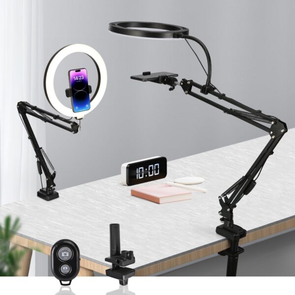 Overhead Camera Mount with 10" Selfie Ring Light,Adjustable Phone Arm Stand, Desk Tripod Holder Content Creator Lighting Kit with Remote for iPhone Filming,Video Recording,Tiktok,YouTube 1