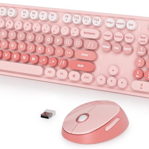Pink Retro Typewriter Keyboard and Mouse Wireless, 2.4GHz Office Full-Sized Colorful Computer Keyboard with Number Pad and Cute Mouse for Windows PC Desktops Laptop