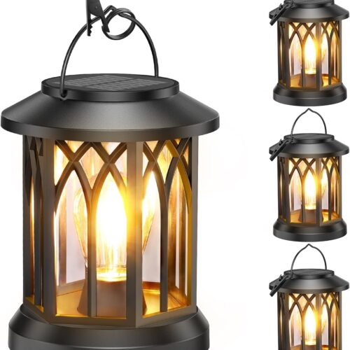 Solar Lanterns Outdoor Hanging 4 Pack, Upgraded Bright Waterproof Lantern for Outside, Over 12Hrs Powered Lights for Garden, Yard, Patio Decor (Warm Light)
