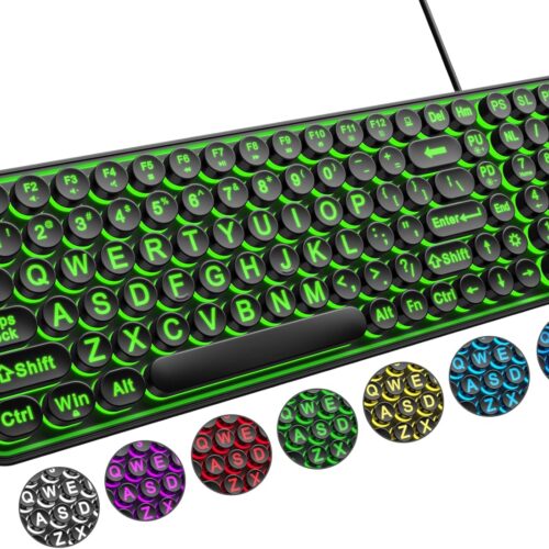 1 Large Print Backlit Keyboard, Wired USB Lighted Computer Keyboards with 7-Color Backlit, Oversized Print Letters, Quiet Typewriter Keyboard with Retro Round Keycaps for Windows PC, Laptop