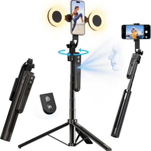 70.9" Auto Face Tracking Selfie Stick Tripod for iPhone with Light, No App, 360° Rotation Tripod That Follows Your Movement with Remote Control for Vlog/Live Stream/Video Recording